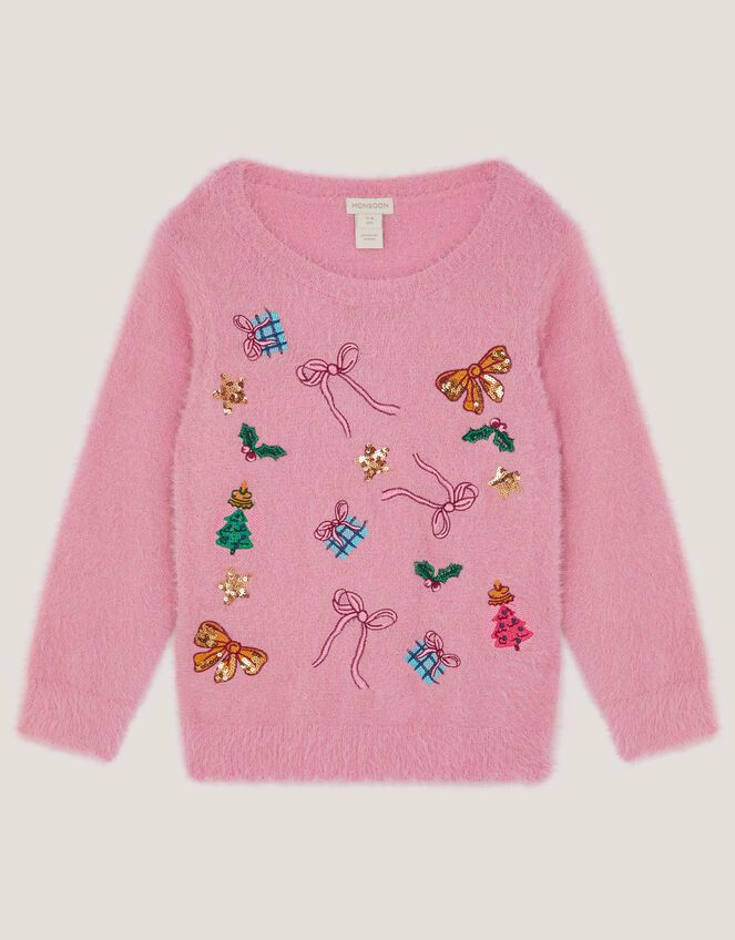 Embellished Fuzzy Christmas Jumper, Pink (PINK), large