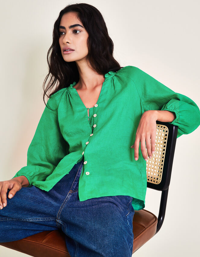 Reine Frill Linen Blouse, Green (GREEN), large
