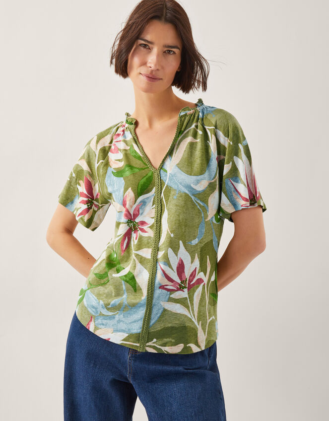 Piper Floral Linen-Blend Top, Green (KHAKI), large
