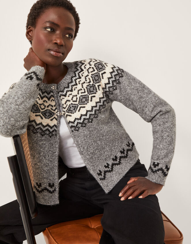 Fina Fair Isle Cardigan, Grey (GREY), large