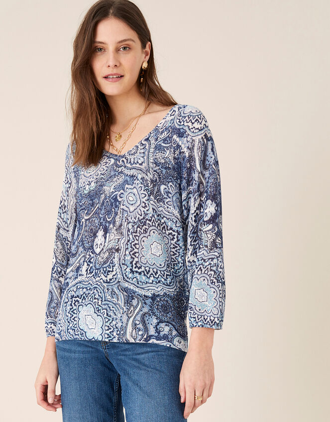 Paisley Print Jumper in Linen Blend, Blue (NAVY), large