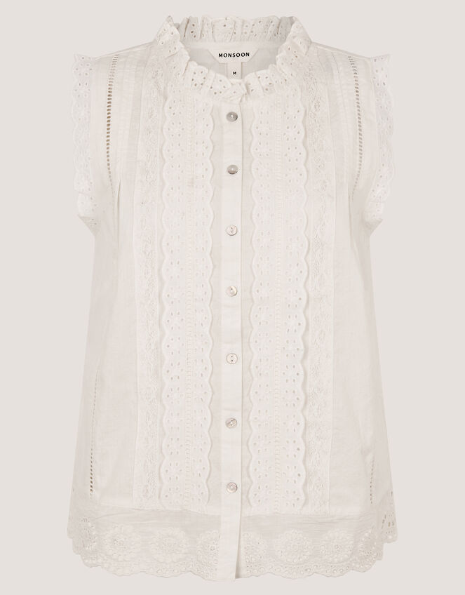 Trish Broderie Frill Sleeveless Top, Ivory (IVORY), large