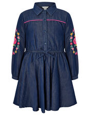 Floral Embroidery Chambray Shirt Dress, Blue (BLUE), large
