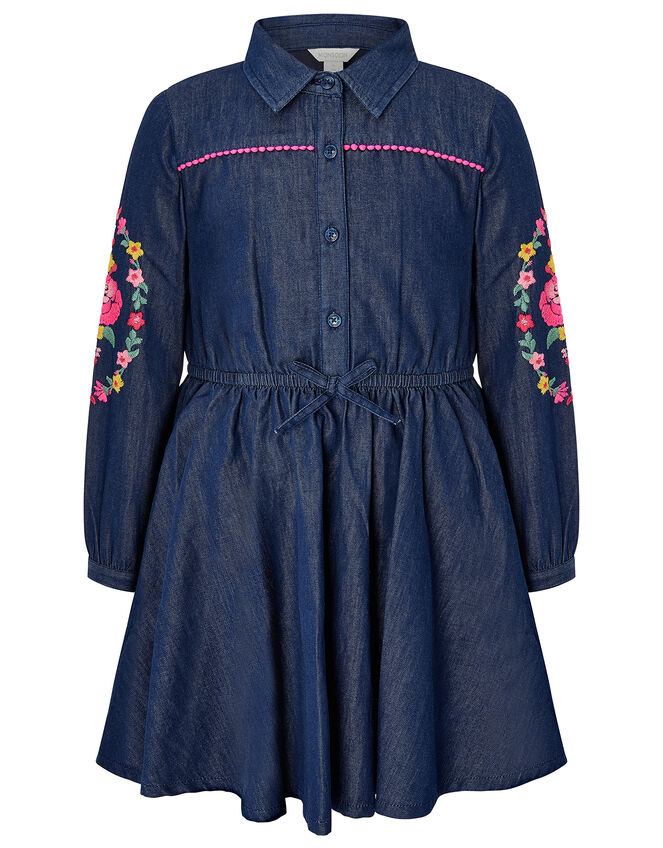 Floral Embroidery Chambray Shirt Dress, Blue (BLUE), large