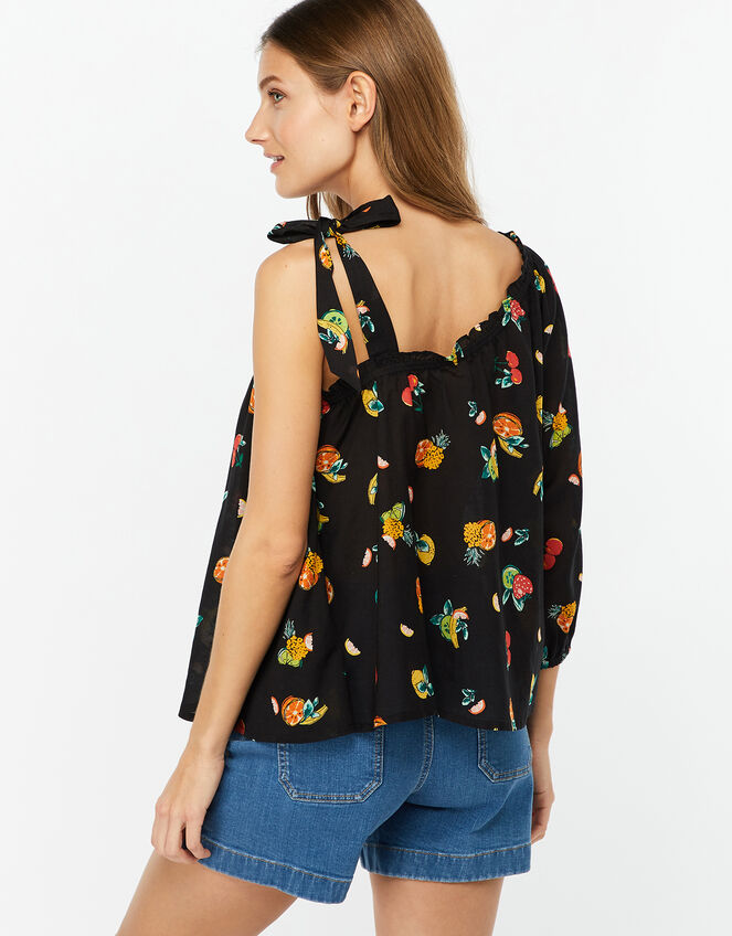 Laticia Fruit Print One-Shoulder Top, Black (BLACK), large