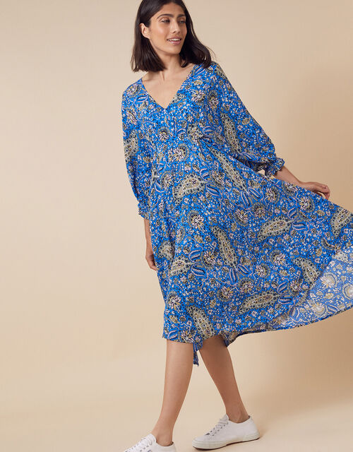 Paisley Hanky Hem Dress in LENZING™ ECOVERO™, Blue (BLUE), large