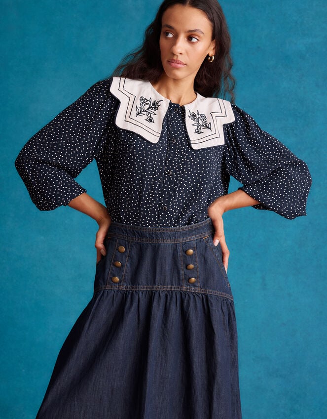 Ivy Embroidered Collar Polka Dot Blouse, Blue (NAVY), large