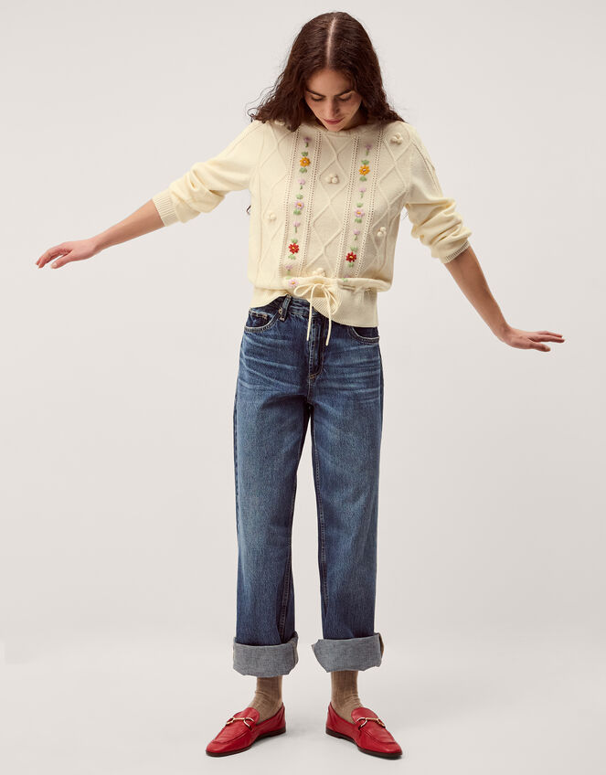 Elsie Floral Embroidered Cable Knit Jumper Ivory