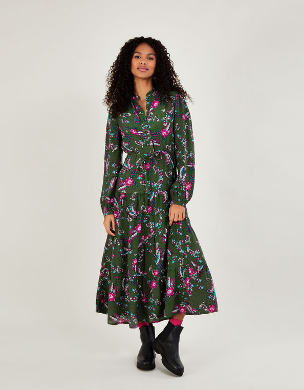 long sleeve green floral midi dress