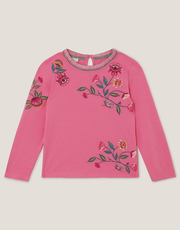 Floral Embroidered Long Sleeve Top, Pink (PINK), large