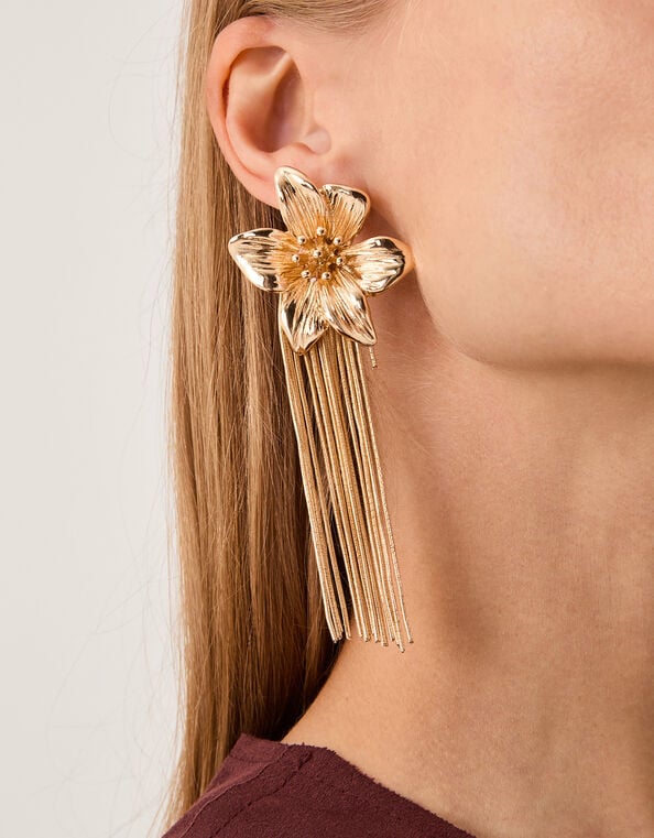 Floral Chain Tassel Drop Earrings, , large