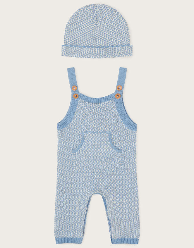 Newborn Knit Dungaree and Beanie Set, Blue (BLUE), large