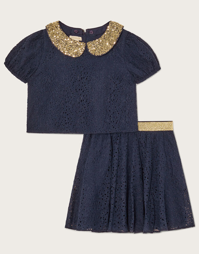 Skirt and Top Lace Set with Detachable Collar, Blue (NAVY), large
