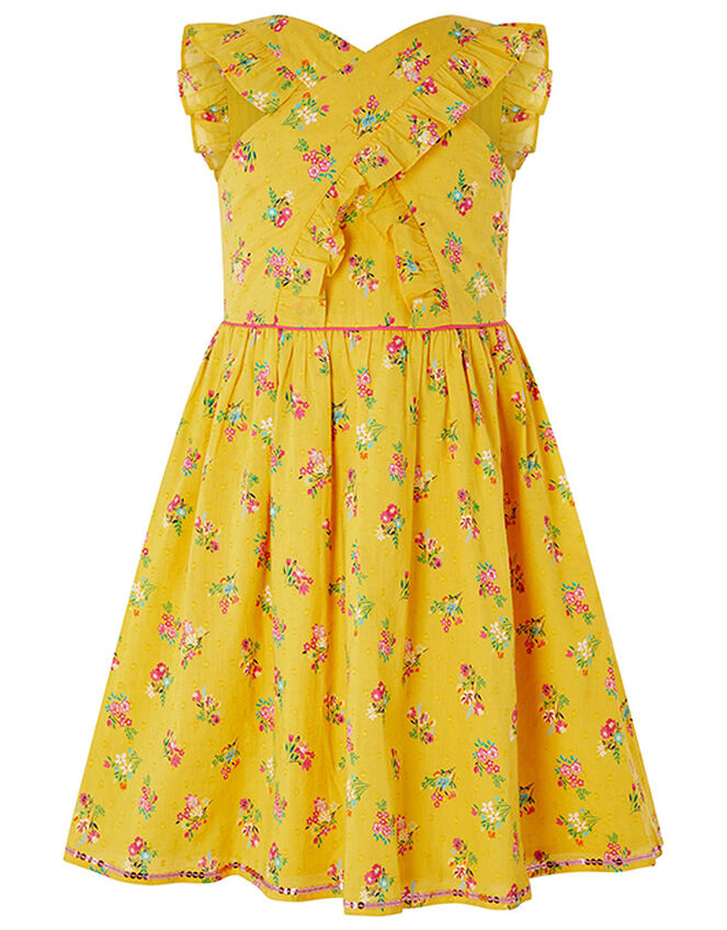 Grace Floral Ruffle Dress in Organic Cotton, Yellow (YELLOW), large