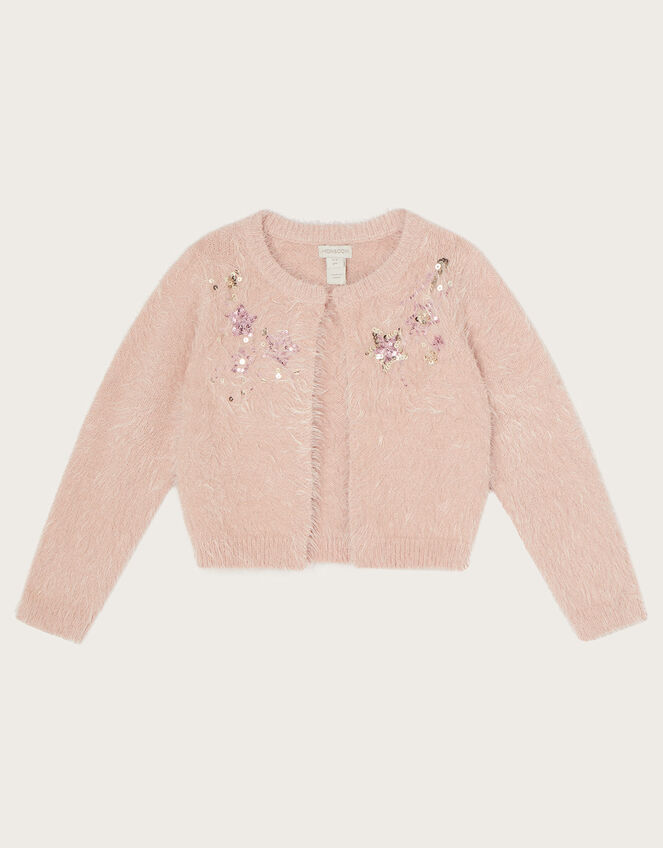 Fluffy Knit Embellished Cardigan, Pink (PALE PINK), large