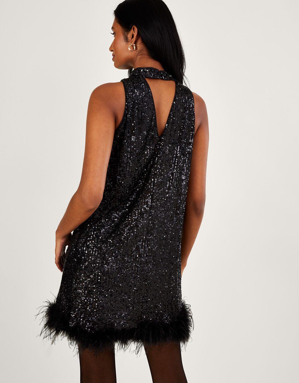 Aly Sequin Feather Trim Halter Dress Black | Dresses | Monsoon UK.