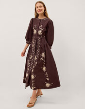 Eloise Floral Embroidered Midi Dress, Brown (CHOCOLATE), large