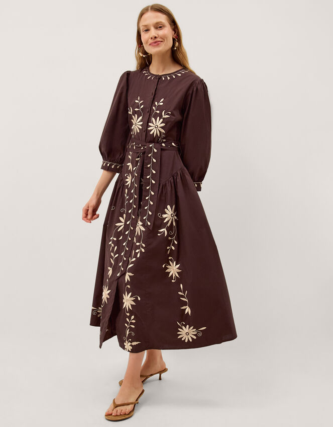 Eloise Floral Embroidered Midi Dress, Brown (CHOCOLATE), large