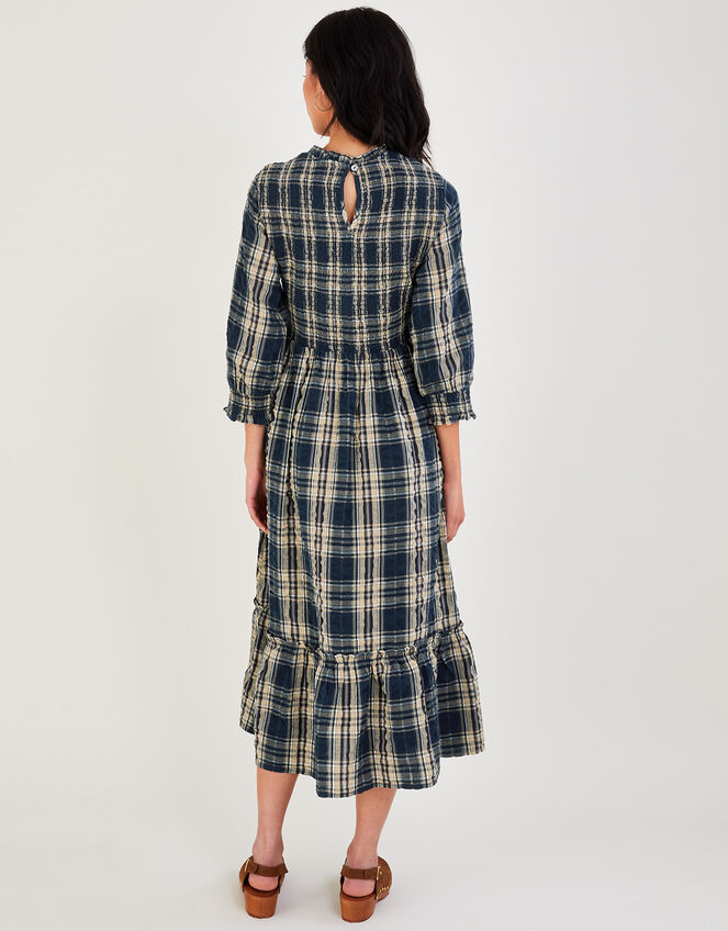 Check Shirred Seersucker Dress in Sustainable Cotton, Blue (NAVY), large