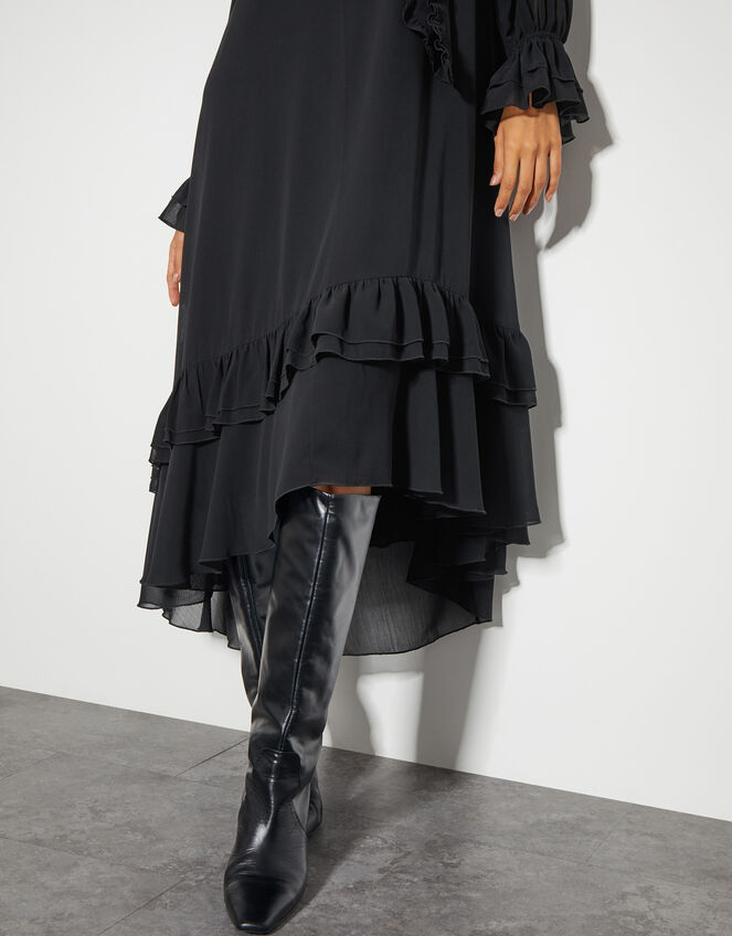 Aurelia Long Sleeve Ruffle Midi Dress, Black (BLACK), large