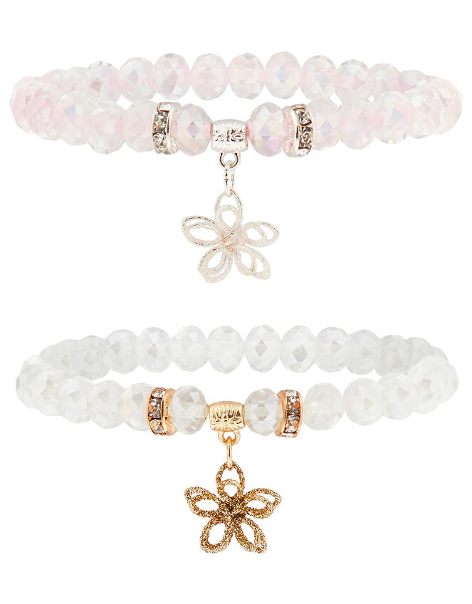 Beaded Bracelet Set with Glitter Flower Charms, , large