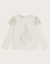 Long Sleeve Embellished Christmas Tree Top, Ivory (IVORY), large