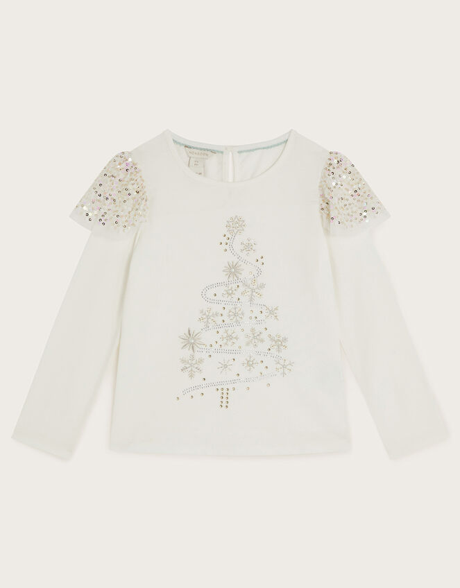 Long Sleeve Embellished Christmas Tree Top, Ivory (IVORY), large