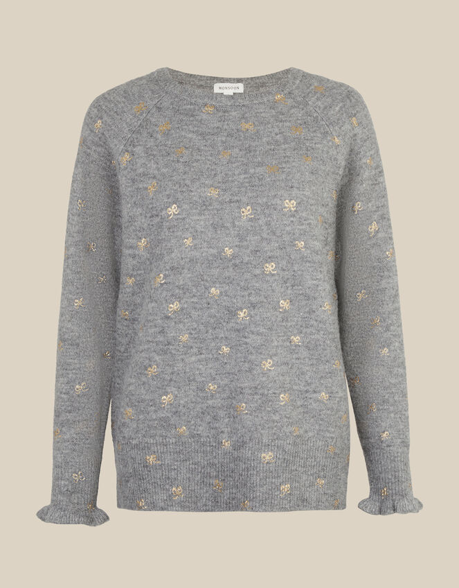 Fee Foil Bow Print Crew Neck Jumper, Grey (GREY), large