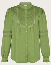 Lace Insert Button Through Jersey Shirt, Green (GREEN), large