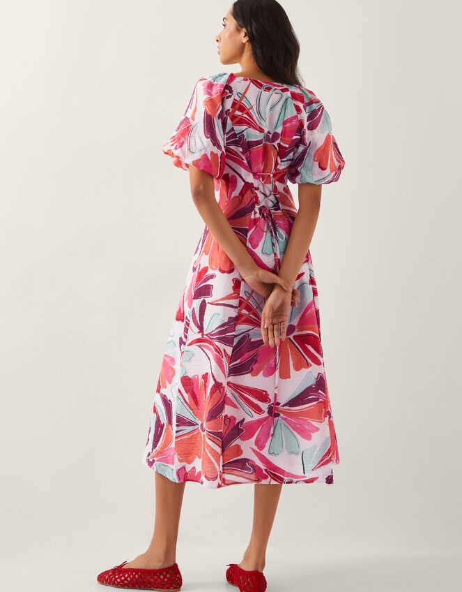 Elana Floral Puff-Sleeve Midi Dress, Ivory (IVORY), large