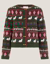 Monsoon x Sarah Corbett-Winder Duck Fair Isle Cardigan, Green (KHAKI), large