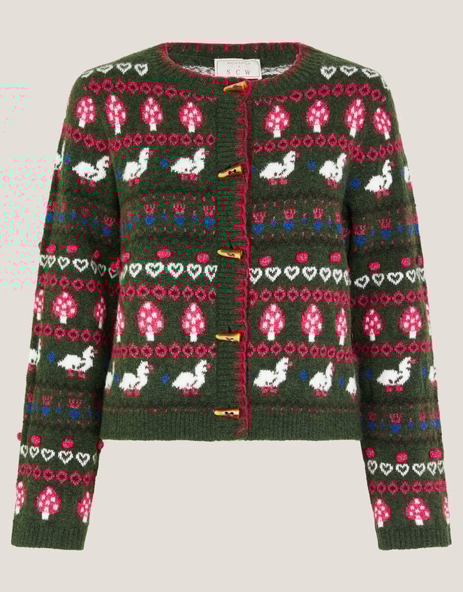 Monsoon x Sarah Corbett-Winder Duck Fair Isle Cardigan, Green (KHAKI), large