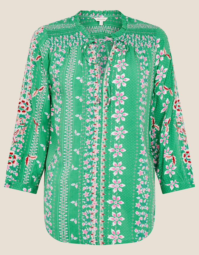 Floral Tie Neck Blouse, Green (GREEN), large