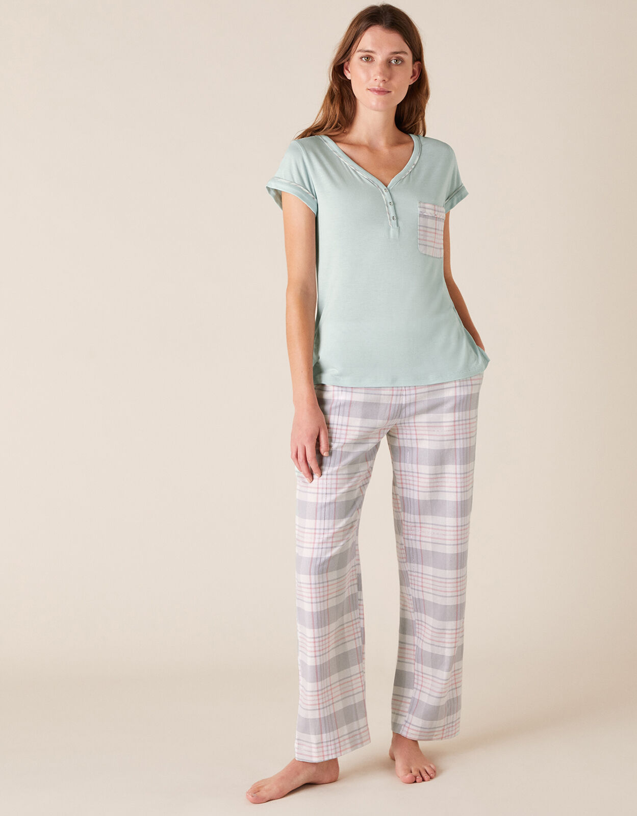 Check Print Jersey Pyjama Top Green