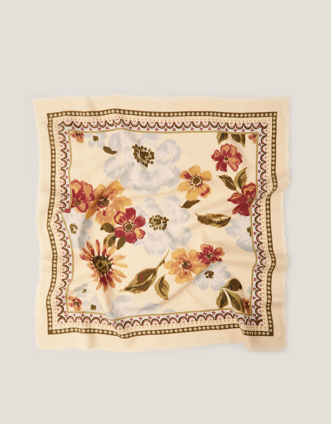Olive Square Floral Print Scarf, , large