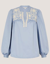 Erica V-Neck Embroidered Blouse, Blue (BLUE), large