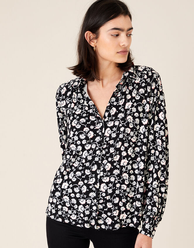 Leigh Floral Shirt with LENZING™ ECOVERO™, Black (BLACK), large