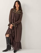 Nova Embroidered Yoke Chiffon Maxi Dress, Brown (CHOCOLATE), large