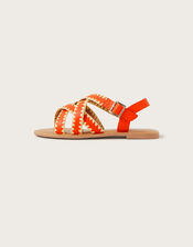 Leather Criss-Cross Flat Sandals, Orange (ORANGE), large