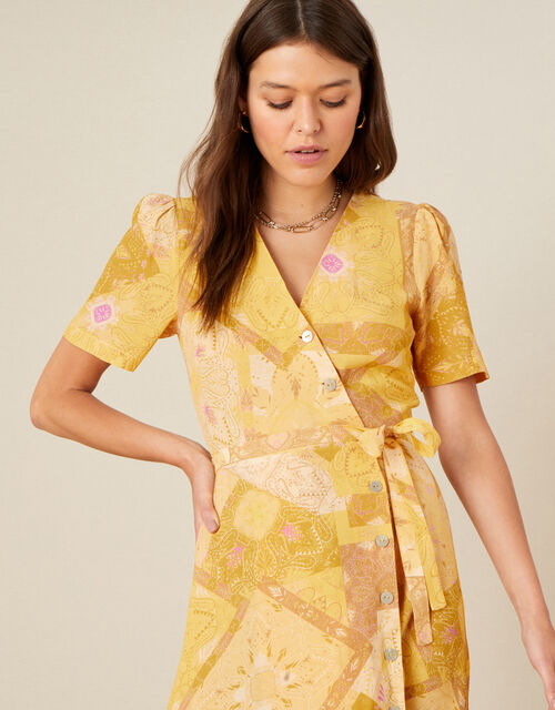 Goldie Scarf Print Wrap Dress, Yellow (YELLOW), large