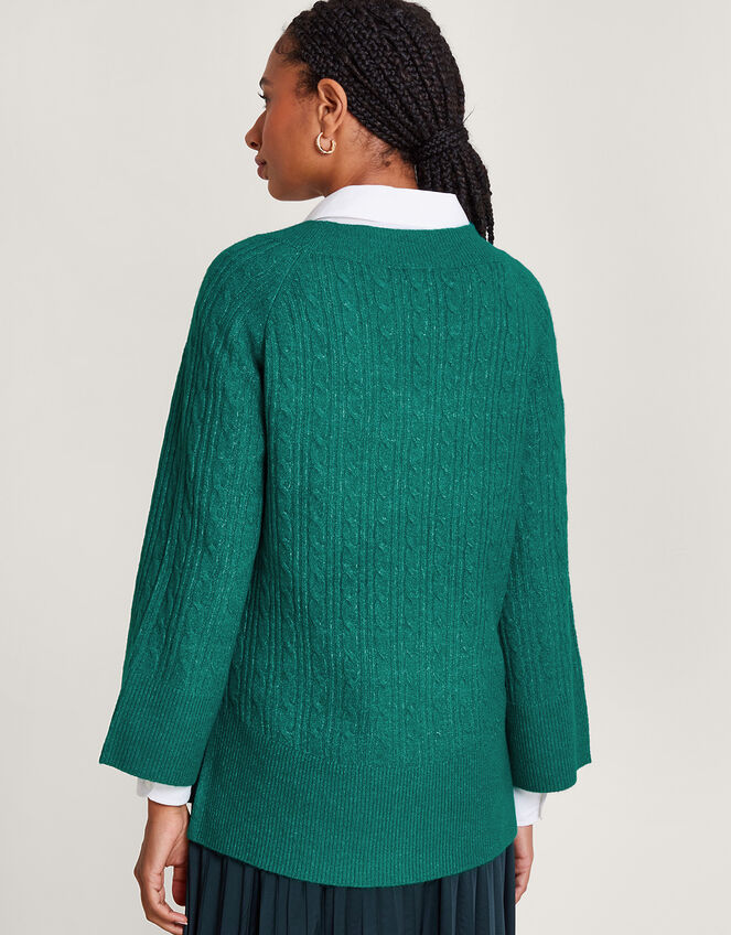 V-Neck Cable Longline Jumper, Green (GREEN), large