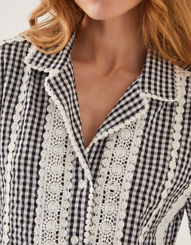 Zoe Lace Gingham Cotton Shirt, Black (BLACK), large
