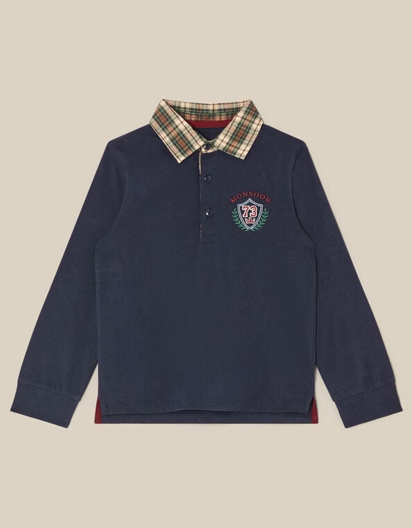 Check Collar Polo Top, Blue (NAVY), large