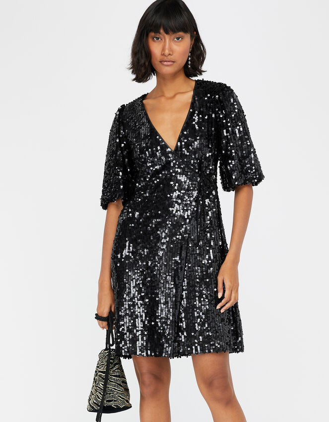 Serena Sequin Wrap Dress, Black (BLACK), large