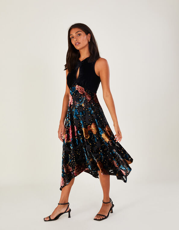 Peony Devore Hanky Hem Dress, Black (BLACK), large