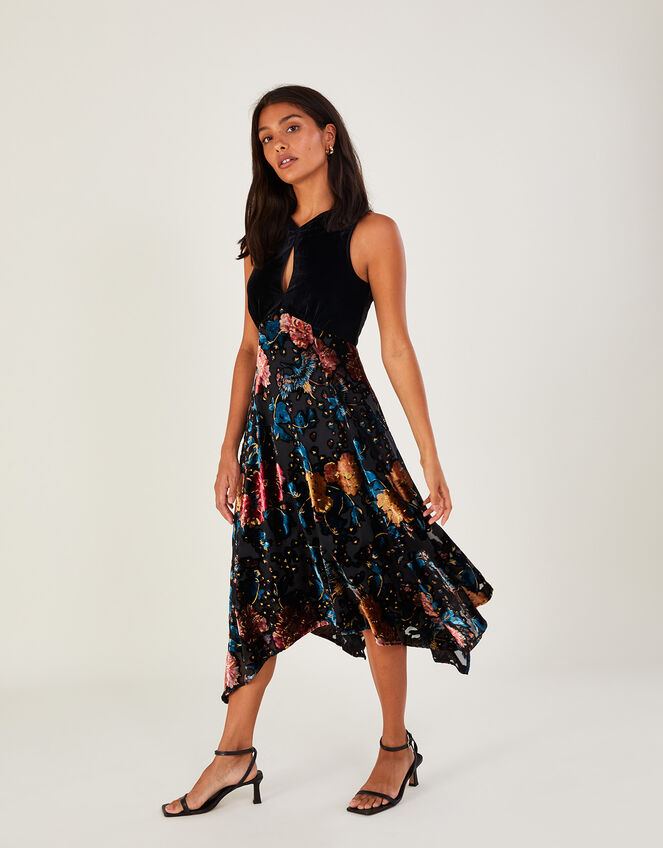 Peony Devore Hanky Hem Dress, Black (BLACK), large