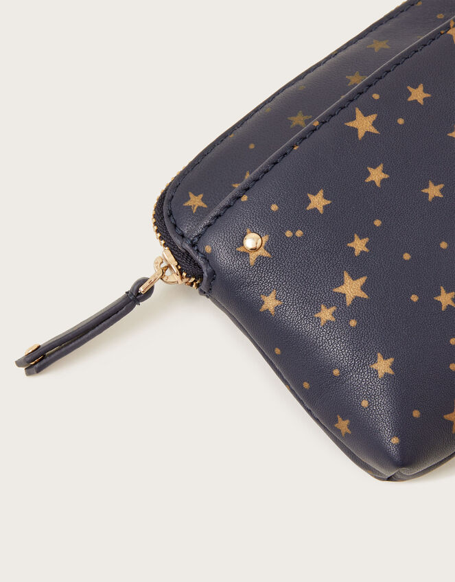 Star Print Large Leather Pouch, Blue (NAVY), large