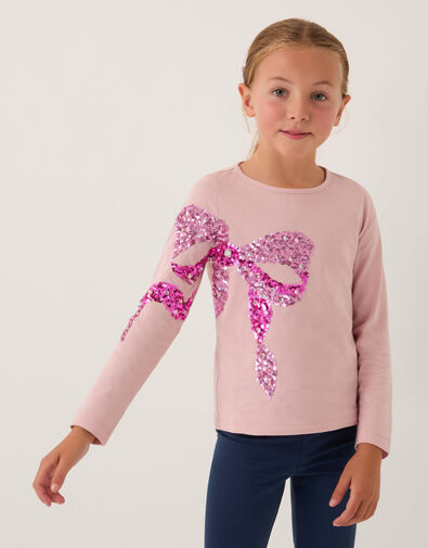 Sequin Bow Long Sleeve Top, Pink (PINK), large