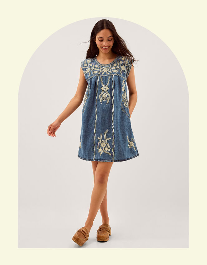 Maison Hotel Sylvie Embroidered Denim Mini Dress, Blue (BLUE), large