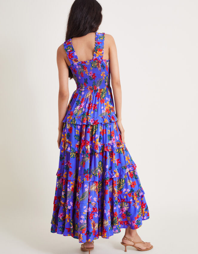 Miley Floral Smocked Ruffle Maxi Dress, Blue (BLUE), large